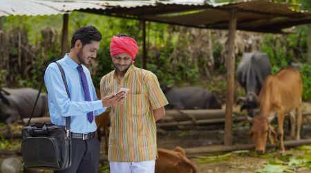 Young indian banker or agronomist showing some detail to farmer in smartphone.